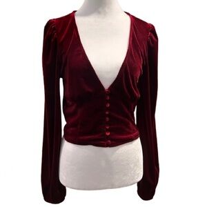 Forever 21 Red Velvet Corset Style Top Balloon Sleeves Whimsigoth Vamp Size M